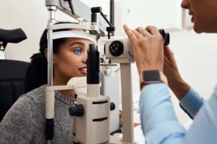 woman sitting at an eye exam machine